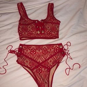 High waisted red lace bikini